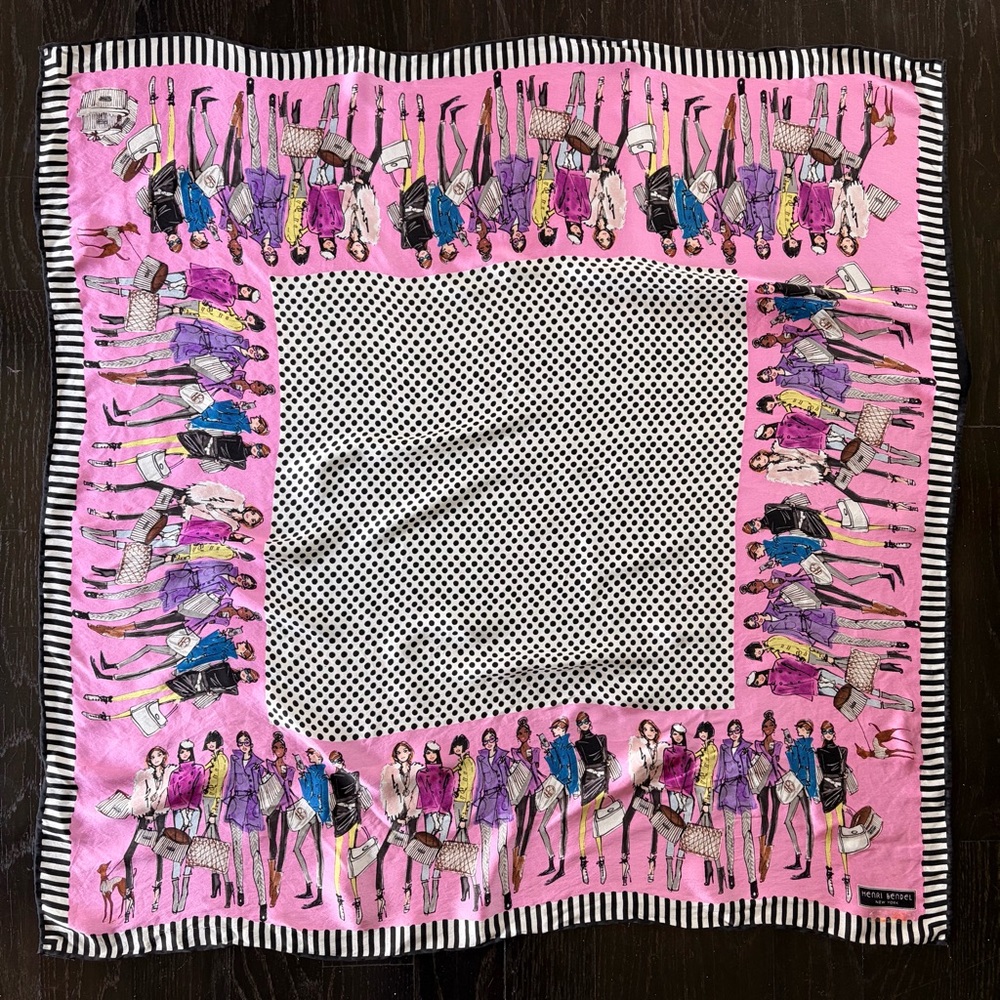 Henri Bendel New York Illustrated Girls Polka Dot Pink Silk Scarf